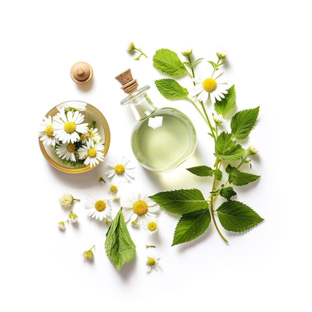 Medicinal herbs and bottle on a white background Medicine perfumery aromatherapy spa