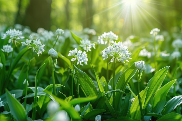 Medicinal herbs plants Close up of blooming wild garlic Allium ursinum in forest or garden in spring