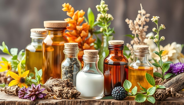 Medicinal herbs and tinctures alternative medicine Selective focus isolated with white highlights