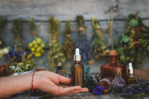 Medicinal herbs and tinctures homeopathy Selective focus