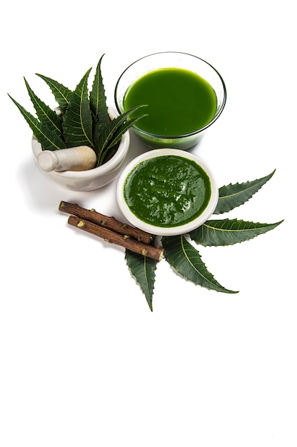 Medicinal Neem leaves in mortar and pestle with neem paste, juice and twigs on white background