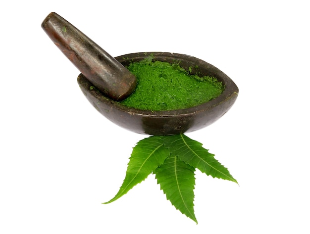 Medicinal neem leaves with ground paste over white background