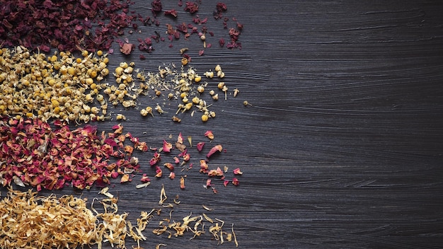 Medicinal plants Dry petals and flowers of chamomile calendula rose poppy