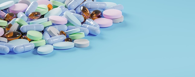 Medicine background different color pills or tablets on blue background Drugs and medicines supplements or vitamins copy space