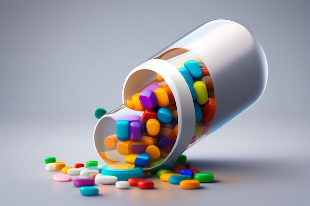 Medicine bottle spilling colorful pills depicting addiction risks generative ai