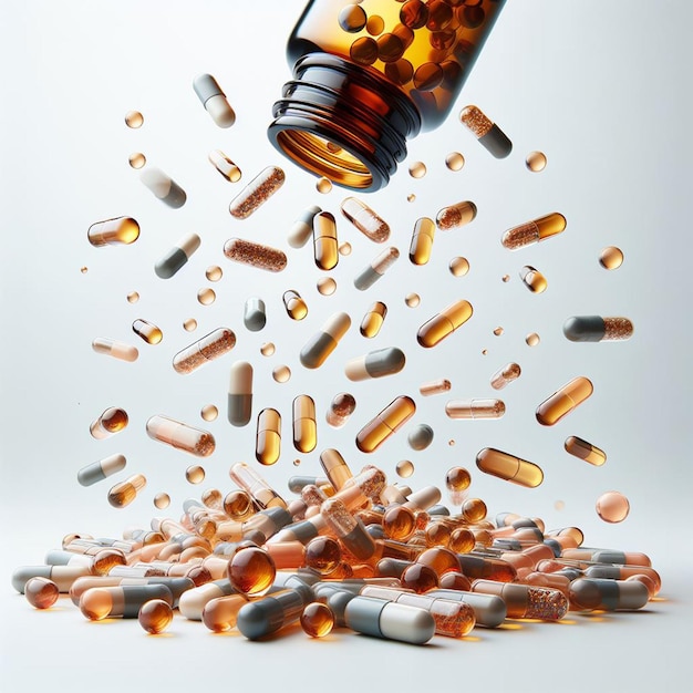 MEDICINE BOTTLE WITH CAPSULES FALLING EVERYWHERE