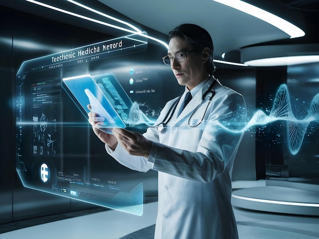 Medicine doctor analysis interface display DNA Digital healthcare and hologram modern virtual screen