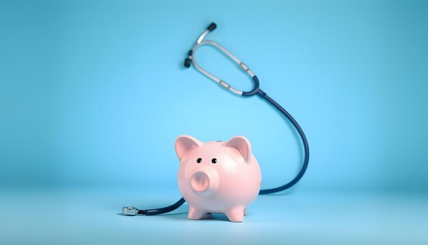 Medicine doctor equipment stethoscope or phonendoscope piggy bank and red heart isolated on trendy