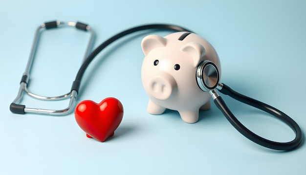 Medicine doctor equipment stethoscope or phonendoscope piggy bank and red heart isolated on trendy