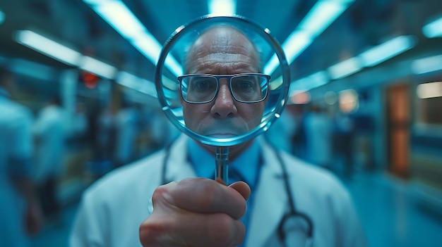 Photo medicine doctor hold a magnifier to search medical record digital healthcare