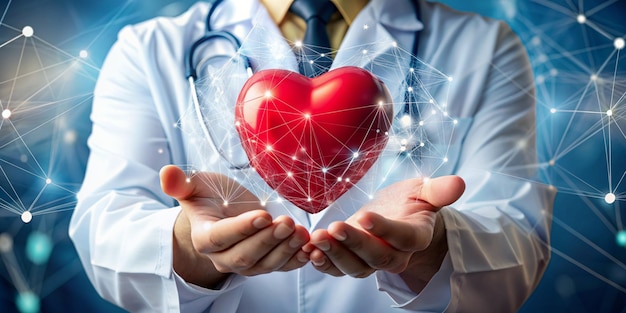 Medicine doctor holding red heart shape in hand medical technology network concept