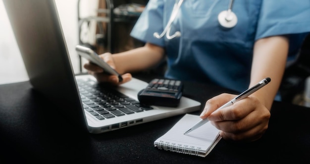 Medicine doctor team working with digital medical interface icons on the hospital background Medical technology and network concept