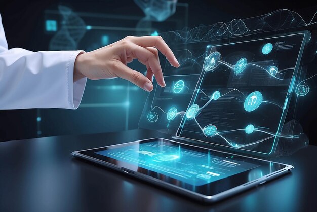 Medicine doctor touching electronic medical record on tablet DNA Digital healthcare and network connection on hologram modern virtual screen interface medical technology and network concept