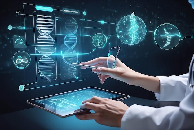 Medicine doctor touching electronic medical record on tablet DNA Digital healthcare and network connection on hologram modern virtual screen interface medical technology and network concept