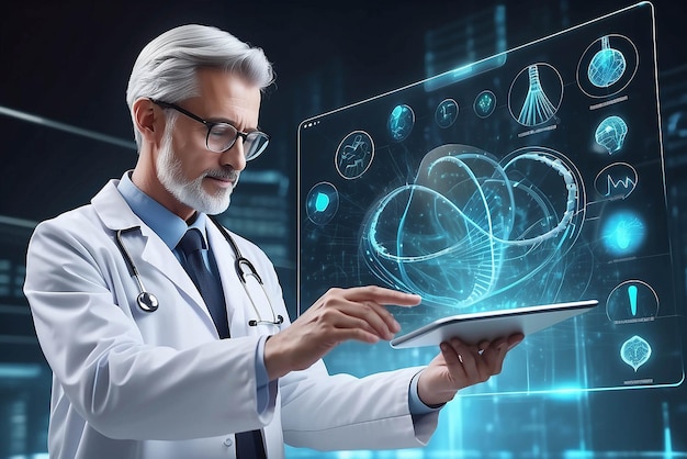 Medicine doctor touching electronic medical record on tablet DNA Digital healthcare and network connection on hologram modern virtual screen interface medical technology and network concept