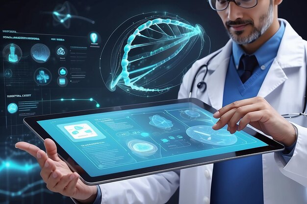 Medicine doctor touching electronic medical record on tablet DNA Digital healthcare and network connection on hologram modern virtual screen interface medical technology and network concept