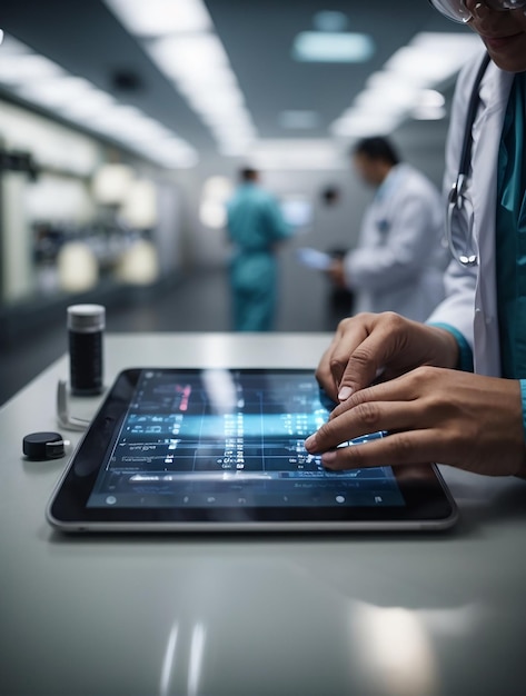 Medicine doctor touching electronic medical record on tablet