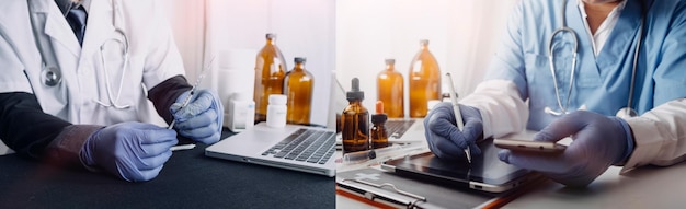 Medicine doctor touching tablet Medical technology and futuristic concept