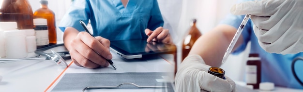 Medicine doctor touching tablet Medical technology and futuristic concept