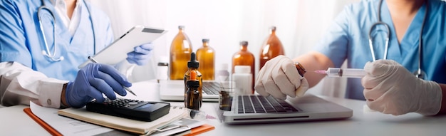 Medicine doctor touching tablet Medical technology and futuristic concept