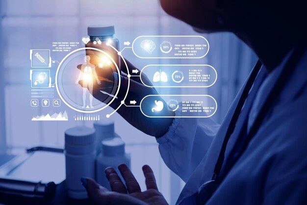 Medicine doctor working with digital medical interface icons on the hospital background healthcare and Medical technology and network concept