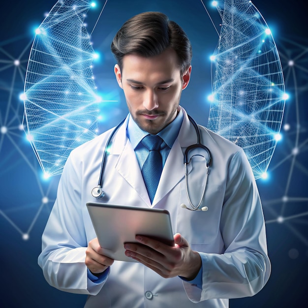 Medicine doctors diagnosis and touching electronic medical record DNA Digital healthcare and network connection on hologram modern virtual interface