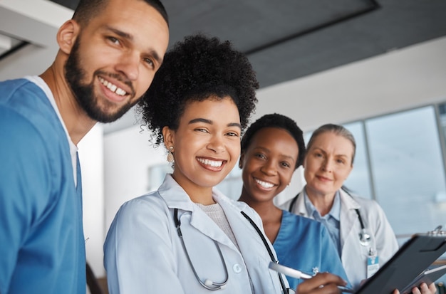 Medicine doctors and healthcare team at work with smile for medical portrait diversity and teamwork in Canada hospital Trust collaboration or cardiology with nurse worker or clinic employees