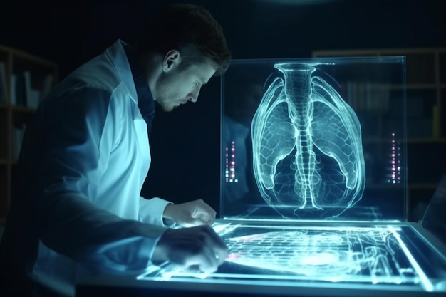 Medicine in Future Nanotechnology hologram innovation Digital healthcare and network connection on hologram modern virtual screen interface medical technology and network concept