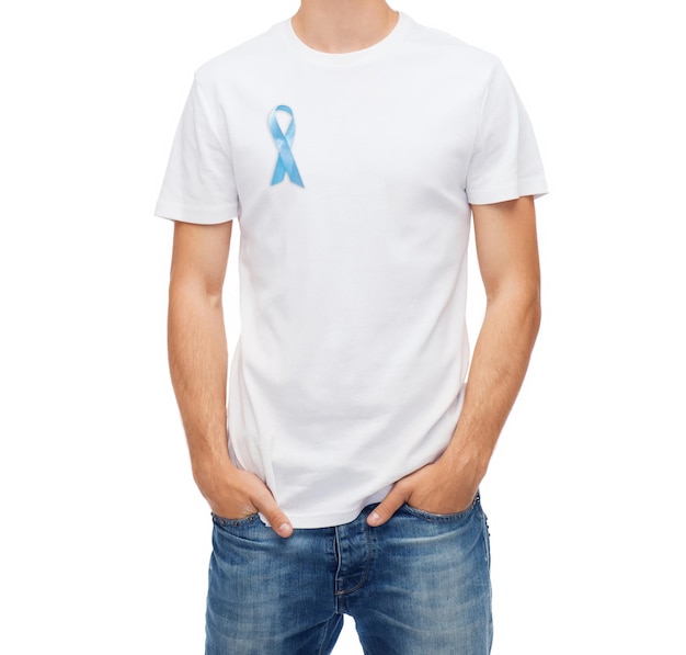 medicine, health care and people concept - man in t-shirt with blue prostate cancer awareness ribbon