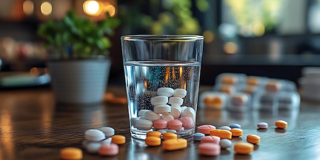 Photo medicine spilled on wooden table with a glass of water