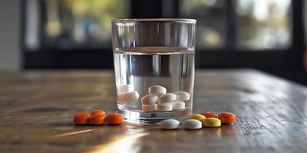 Photo medicine spilled on wooden table with a glass of water