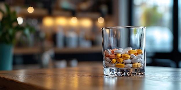 Photo medicine spilled on wooden table with a glass of water