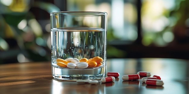 Photo medicine spilled on wooden table with a glass of water