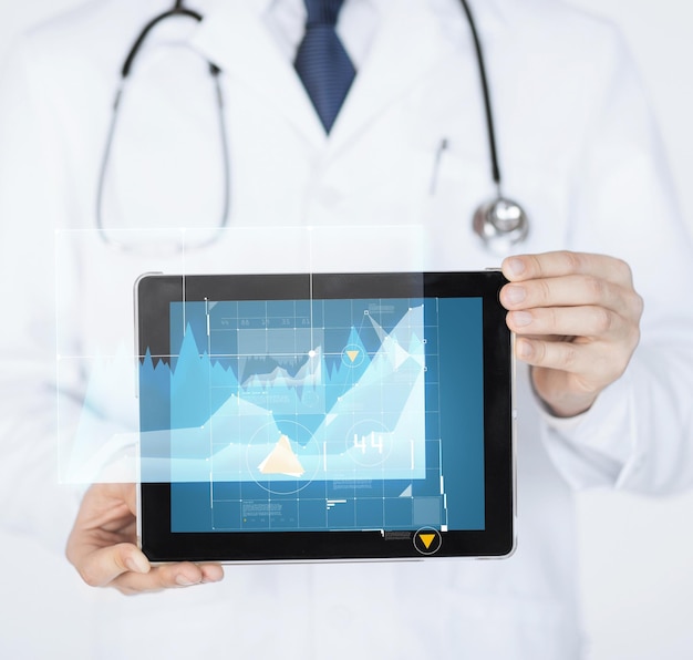 medicine, technology and people concept - close up of doctor holding tablet pc with graph on screen