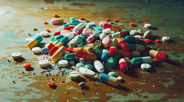 Medicine theme background Colorful pile of pills and tablets High quality AI generated image