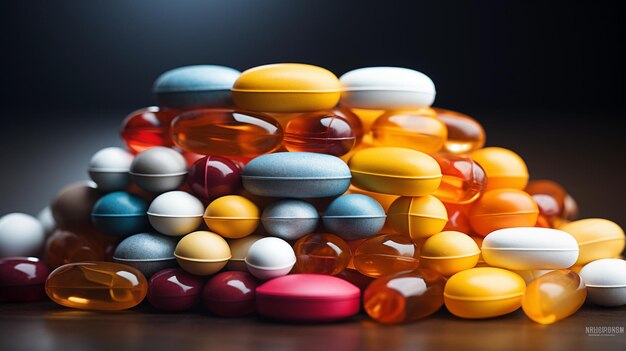 medicines pile of pills on a black background