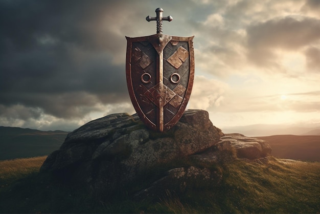 Medieval Age Sword and Shield on top of mountain in sunset