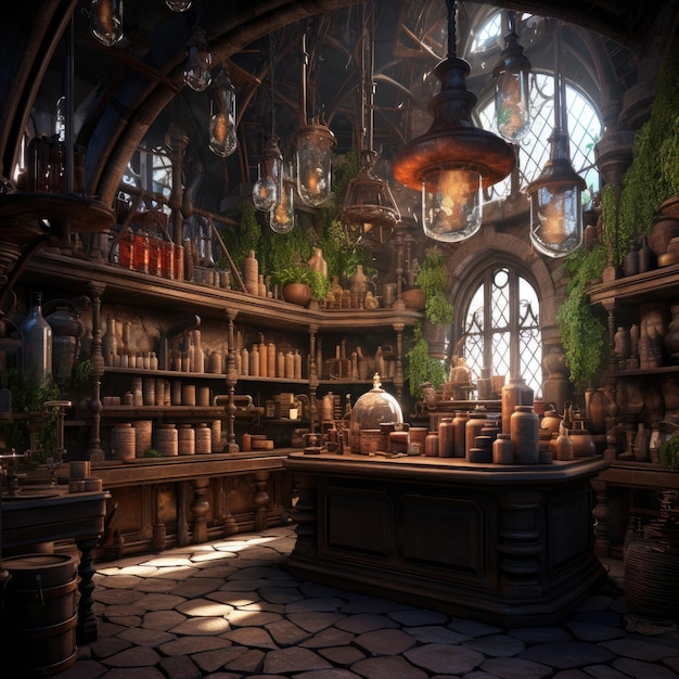 Medieval alchemist's laboratory filled with bubbling potions and mystical artifacts