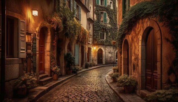 Medieval arch illuminates narrow cobblestone footpath at dusk generated by AI