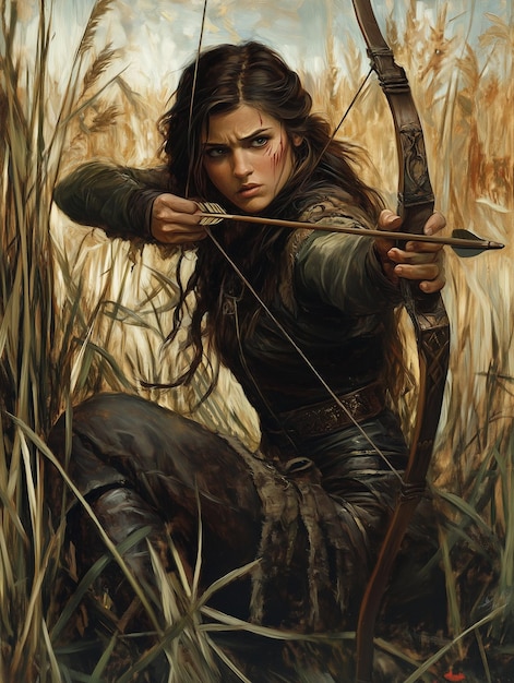 Medieval Armenian archer with rage on her face shooting a bow while sitting in the reeds