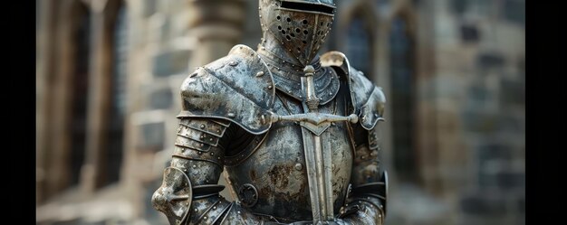 Photo medieval armored knight statue in front of historical stone building showcasing intricate details an