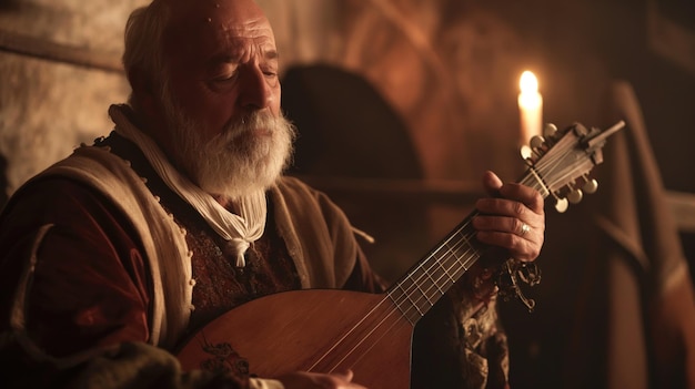 medieval bard singing and playing a lute bringing to life the music and stories of the Middle Ages