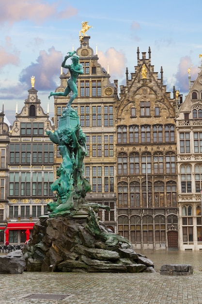 Medieval Brabo fountain and old guildhalls houses, Antwerpen, Belgium