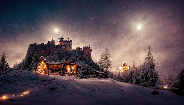 Medieval castle as a rustic mountain cabin, Christmas lights