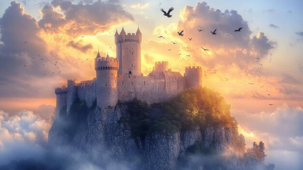 Photo medieval castle above clouds