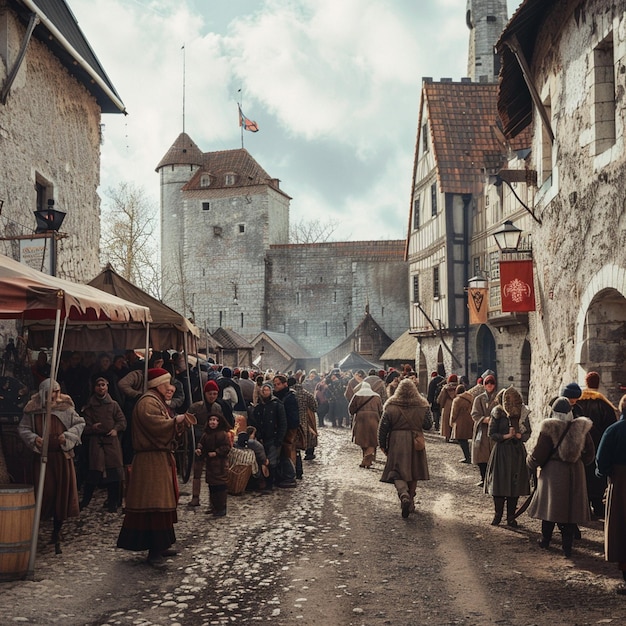 Medieval Castle Festival Crowd Walking Street Tall Buildings Image