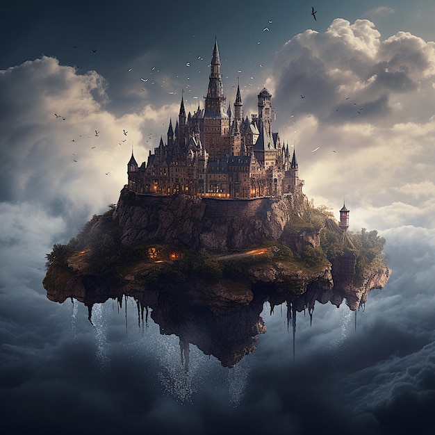 Medieval castle on floating island in sky