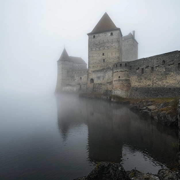 Medieval Castle in Haapsalu on a Foggy Day by the Water