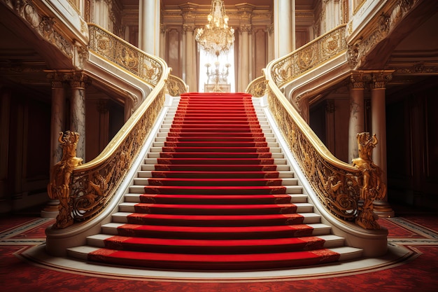 Medieval castle interior Ai art palace staircase with red carpet