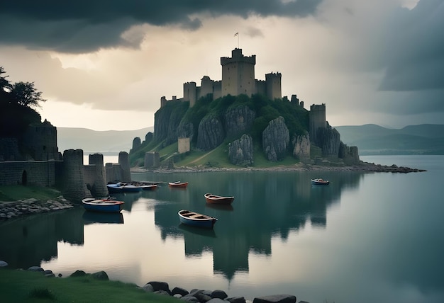 A medieval castle perched on a steep cliff overlooking a tranquil lake with a colourful